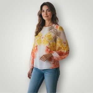 Calvin Klein Floral‎ Chiffon Blouse Sheer Long Sleeve Layered Top M Bloomcore